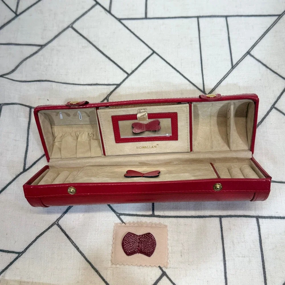 Rowallan Jewelry Roll OS Red Bonded Leather Travel Case Organizer Mirror READ